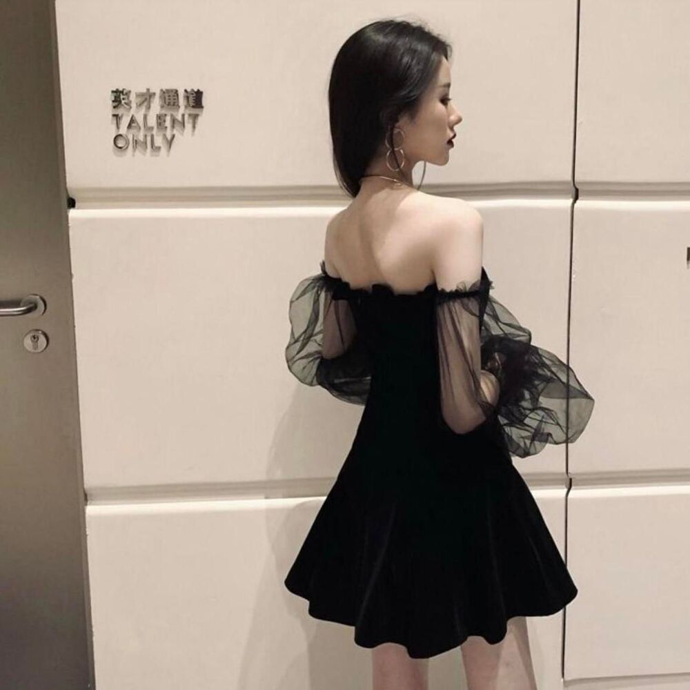 Black Dress with Sheer Off the Shoulder Sleeves - Picture 4 of 5